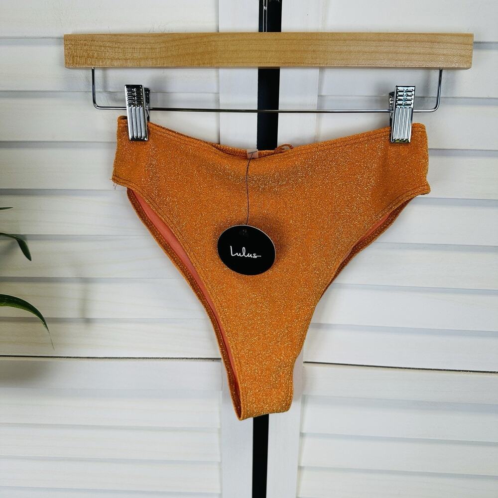 New Lulus Glittering Waters Orange Sparkly‎ High Rise Bikini Swim Bottoms Size S